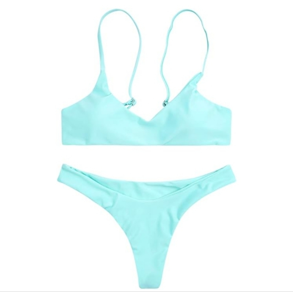 SherryDC Scoop Neck Push Up Padded Brazilian Thong Bikini Swimsuit Sky Blue S - Picture 3 of 4